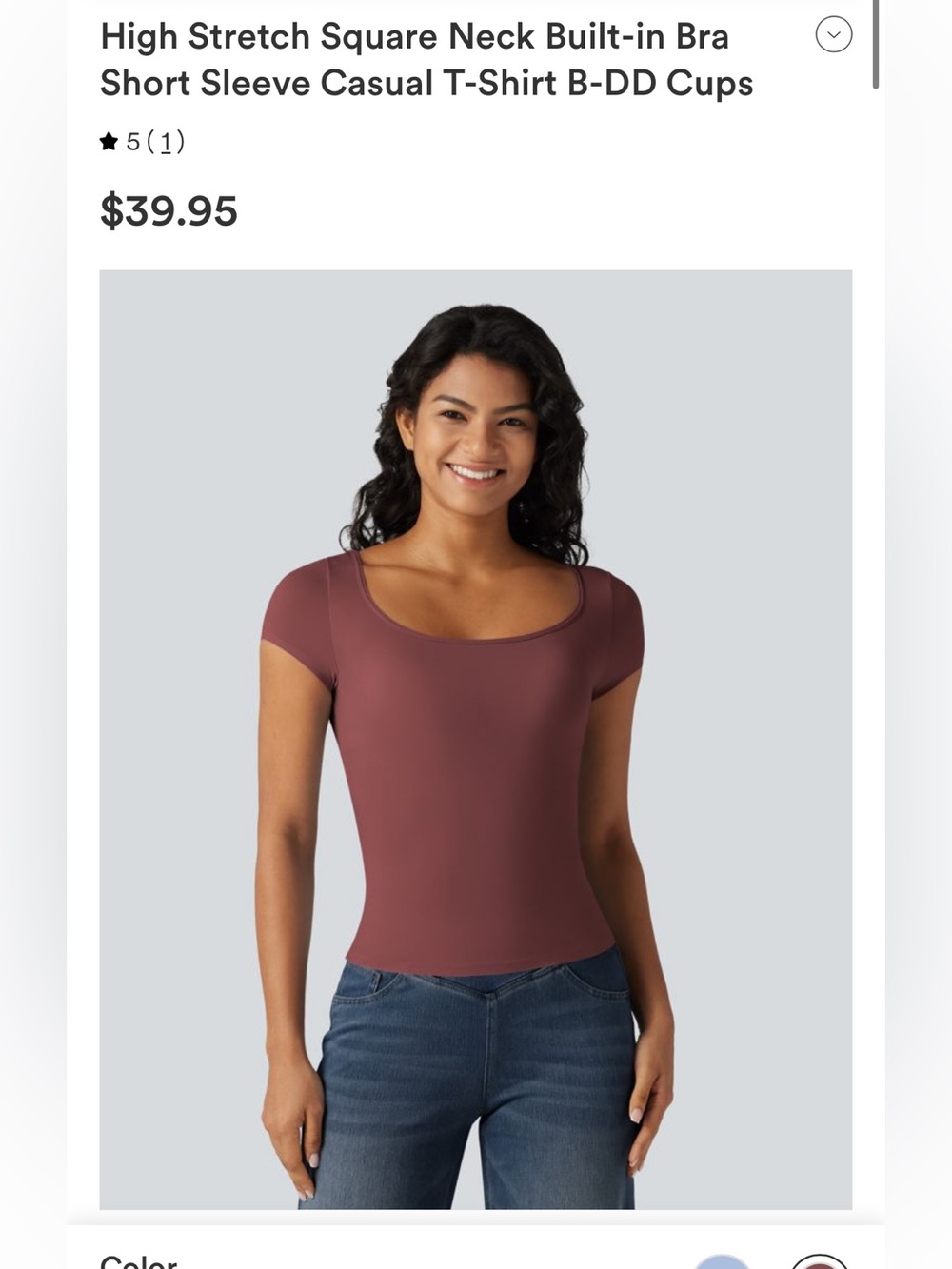 High Stretch Square Neck Built-in Bra Short Sleeve Casual T-Shirt B-DD Cups